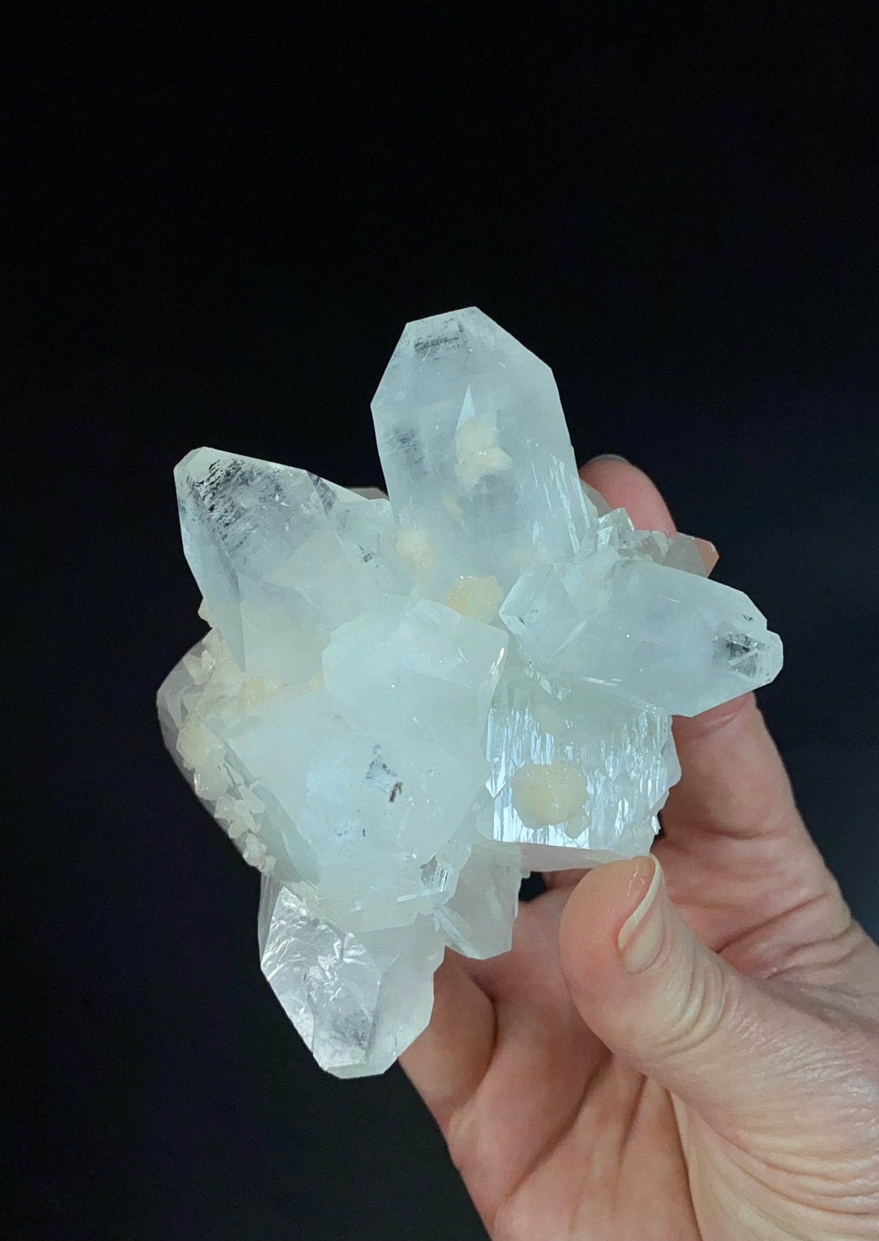 Clear Apophyllite Crystal Cluster with Stilbite & Fluorescent Inclusions, from Jalgaon, Maharashtra, India