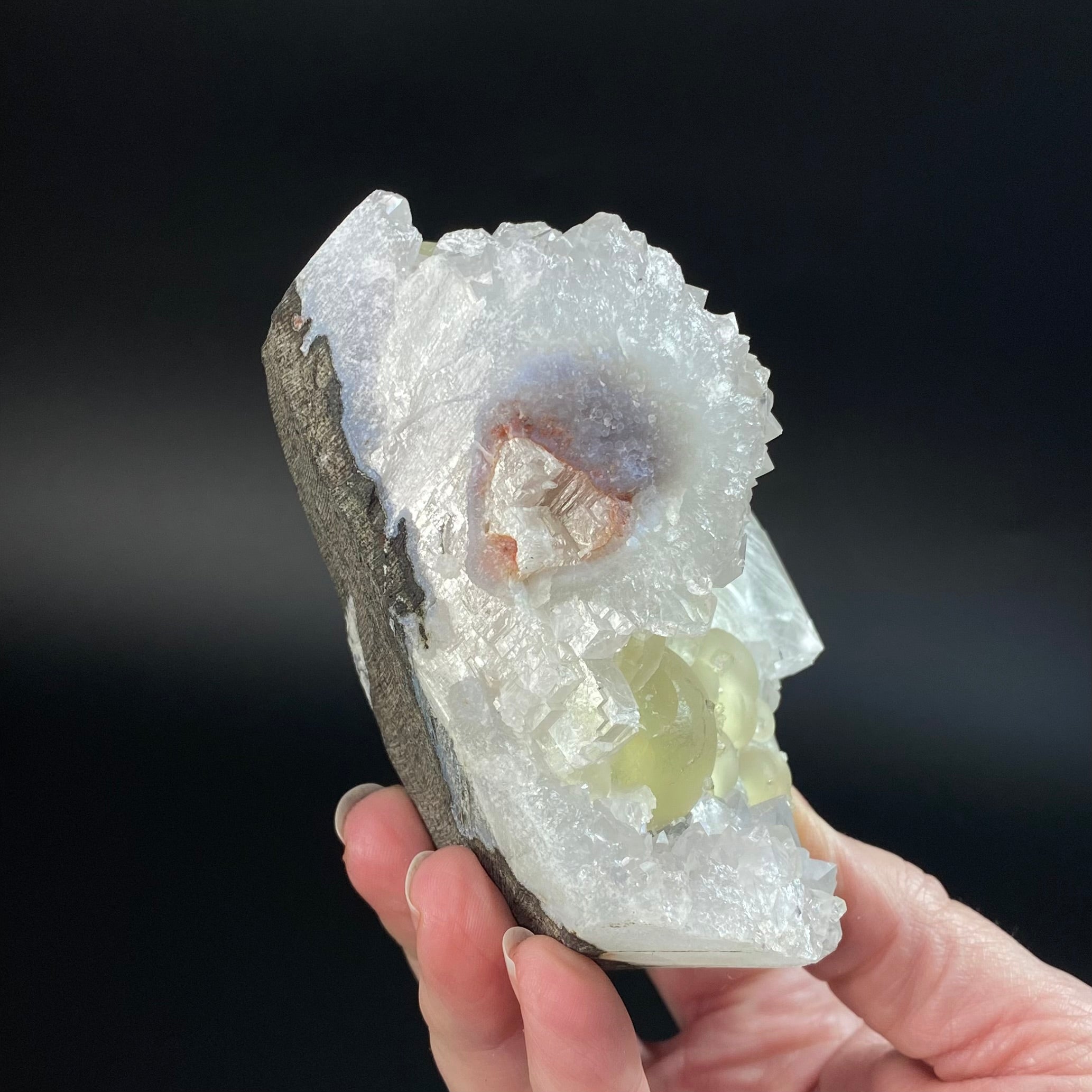 Botryoidal Yellow Fluorite & Calcite on Quartz, Mahodari, Nashik District, Maharashtra, India