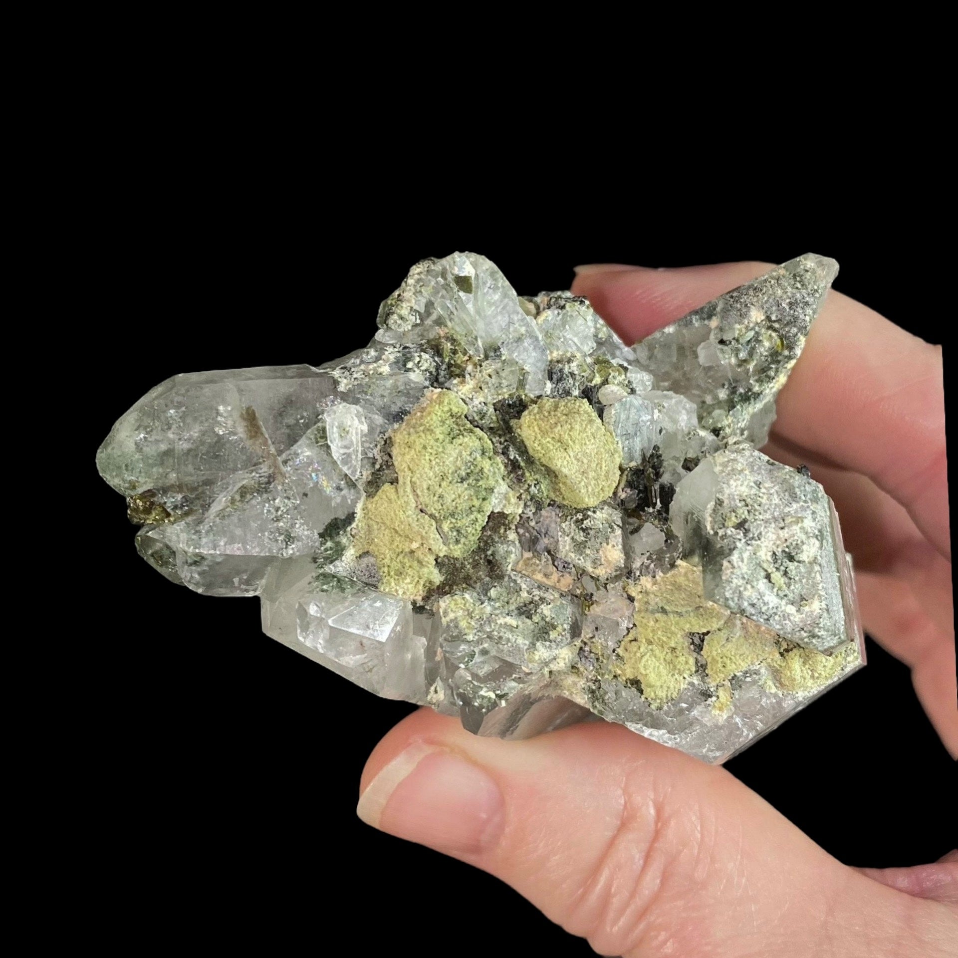 Chlorite Included Trigonal Habit Himalayan Quartz Crystal Cluster with Epidote Crystals, Hashupi, Pakistan