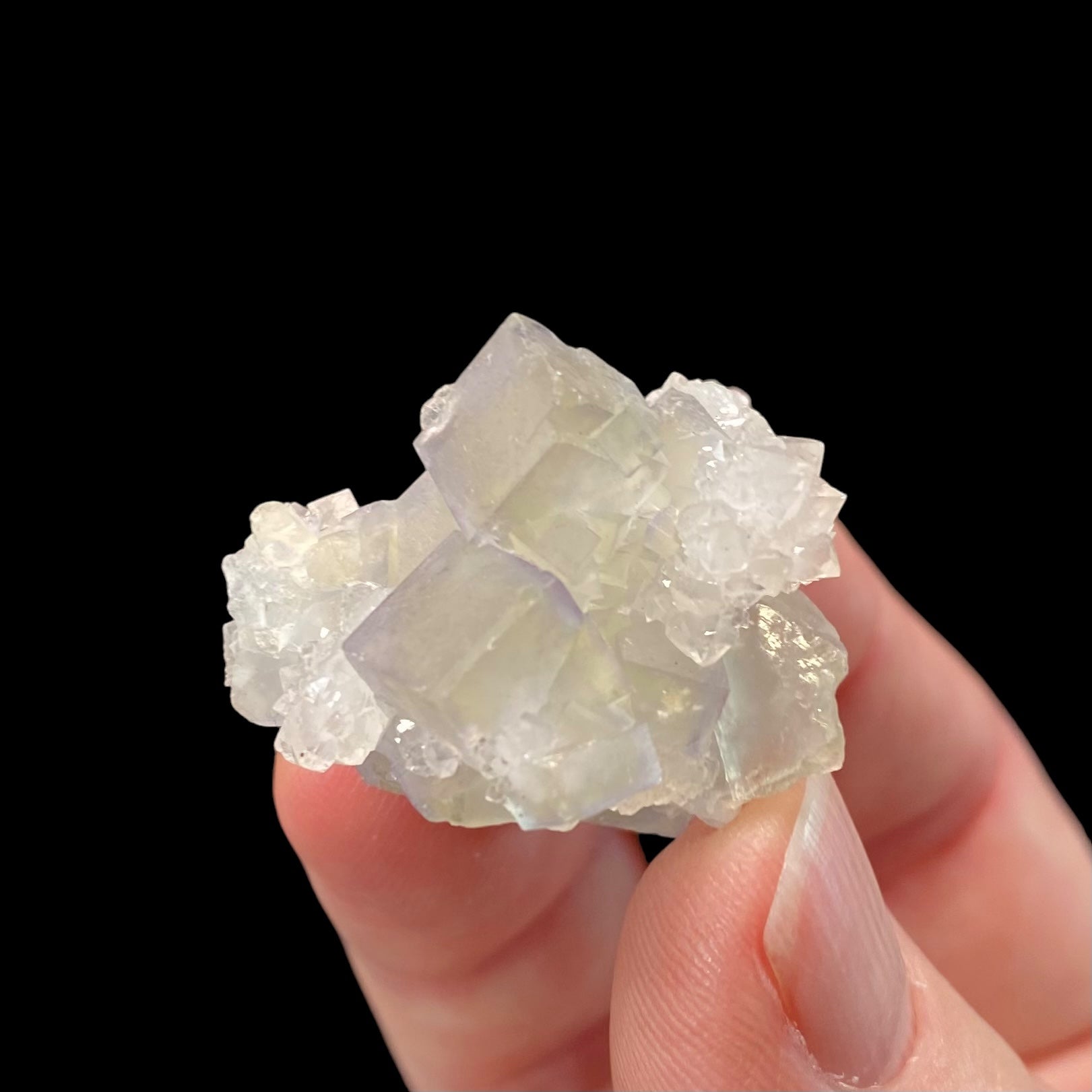 Lavender and Pale Green Fluorite Cluster with Clear Quartz