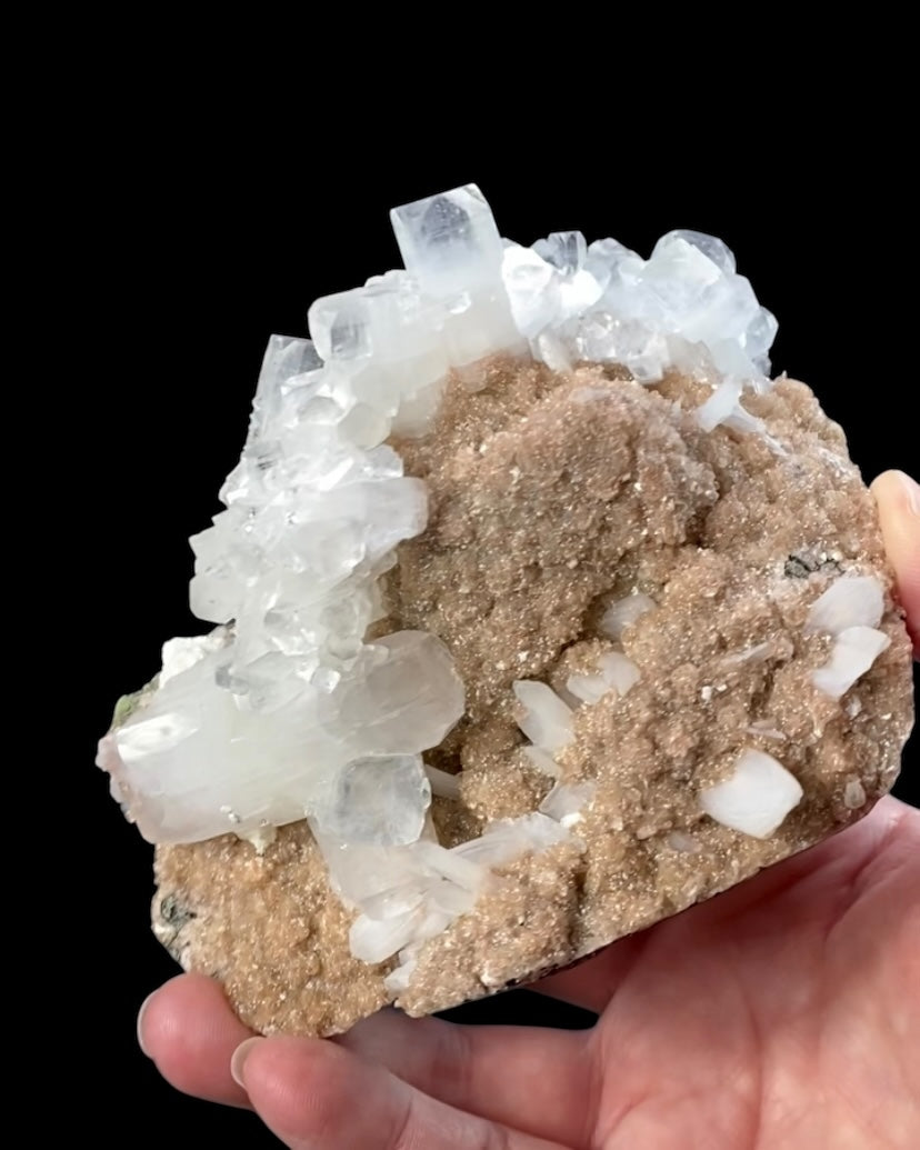 Clear Apophyllite Crystals with Peach Stilbite & Okenite on Basalt Matrix