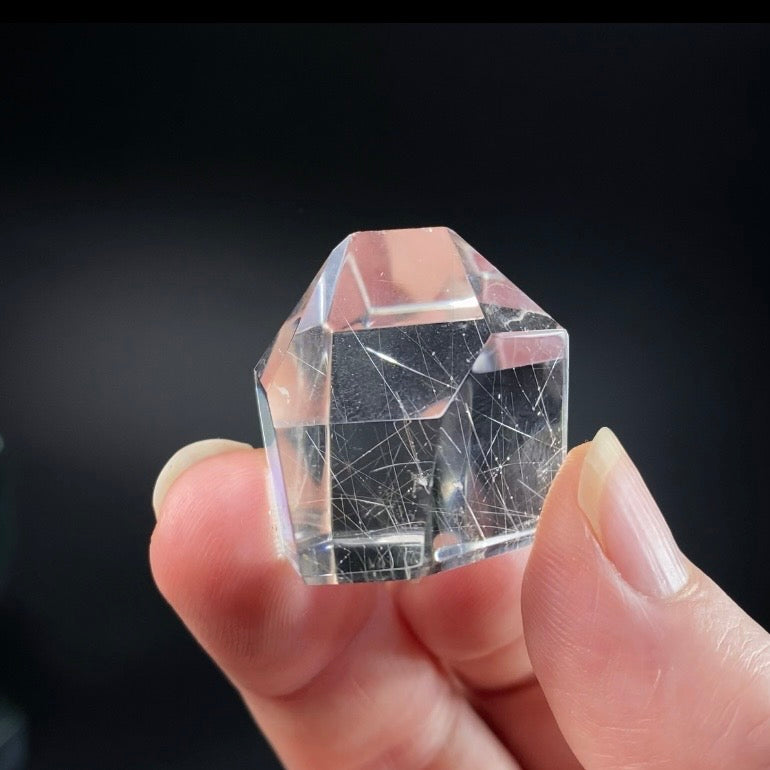 Polished Clear Quartz Crystal with Silver Rutile from Minas Gerais, Brazil