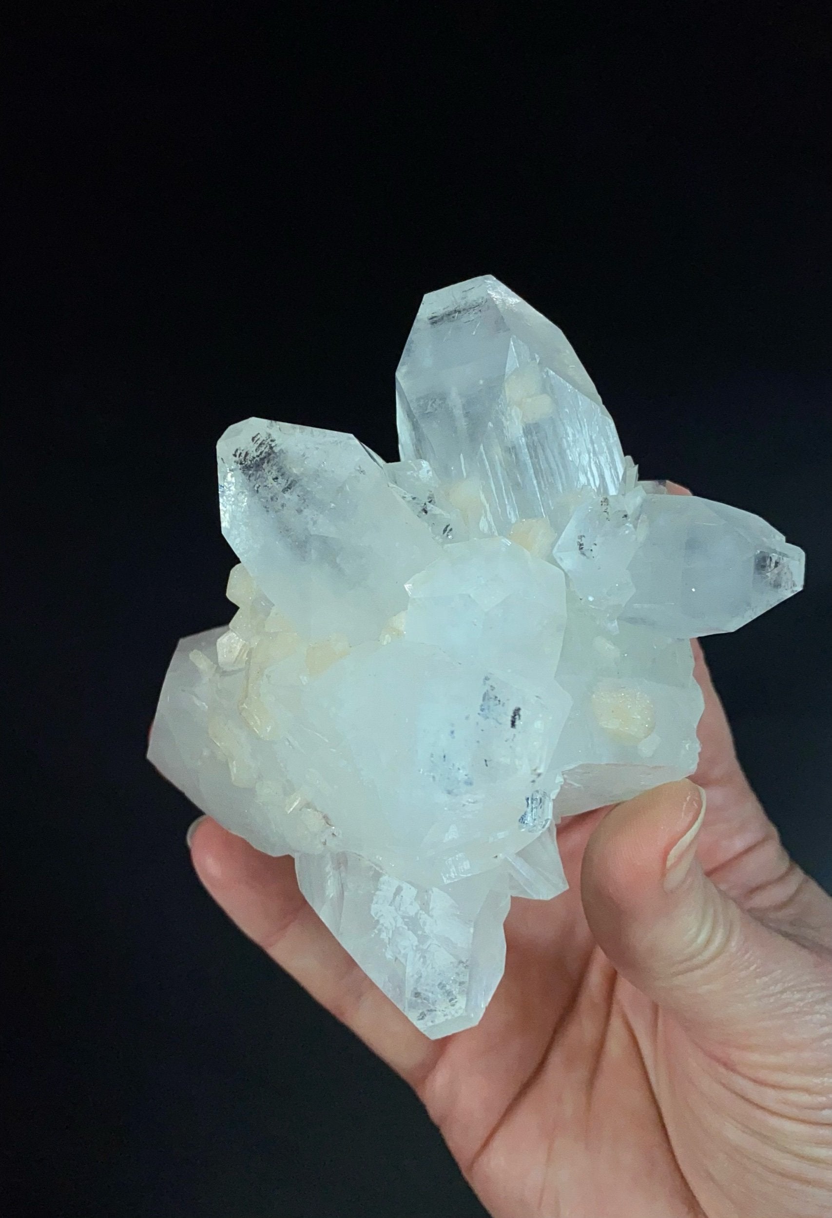 Clear Apophyllite Crystal Cluster with Stilbite & Fluorescent Inclusions, from Jalgaon, Maharashtra, India