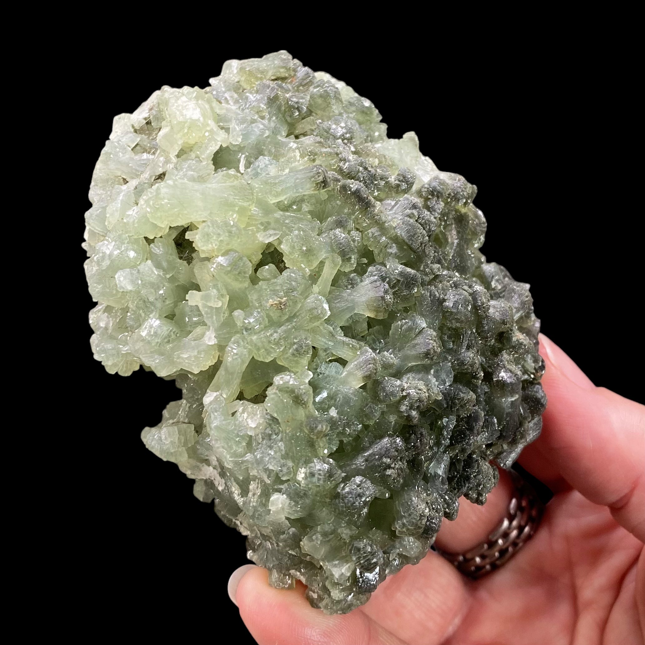 Deep Green Prehnite Cluster with Fine Needle Crystals