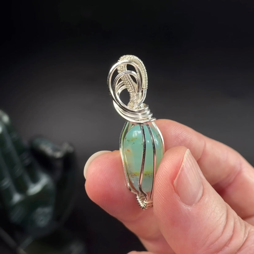 Peruvian Blue Andean Opal & Sterling Silver Wire Wrapped Pendant