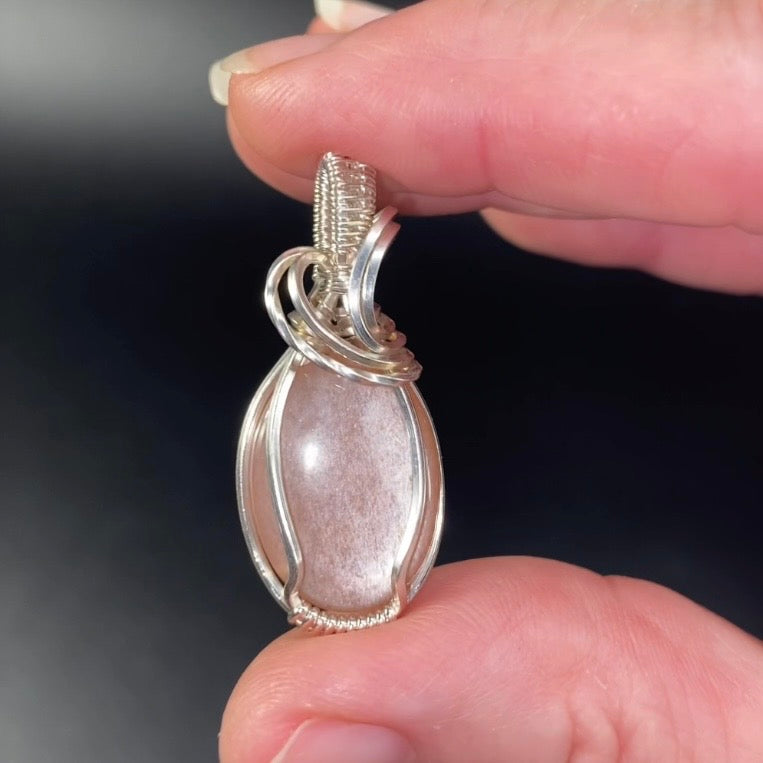Sunstone in Moonstone & Tarnish Resistant Argentium Silver Handmade Wire Wrapped Pendant