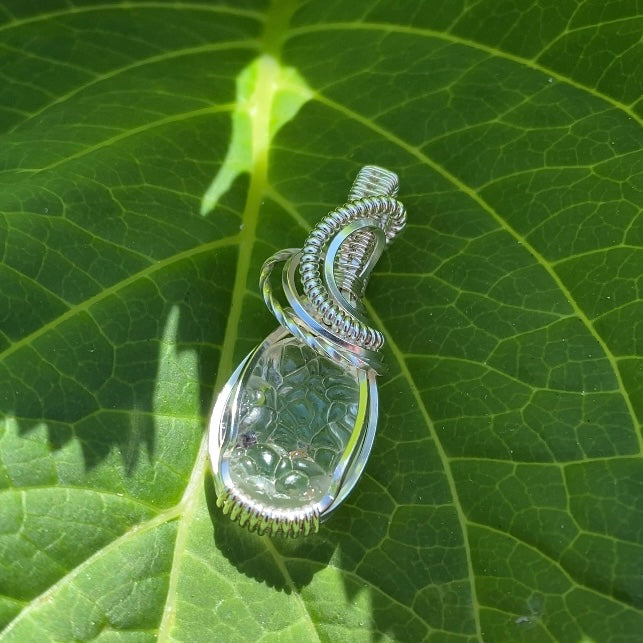 Hyalite Opal with Purple Fluorite Inclusions & Sterling Silver Wire Wrapped Pendant
