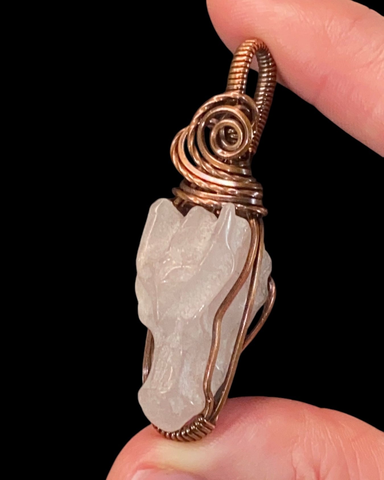 Rose Quartz Dragon and Copper Wire Wrapped Pendant