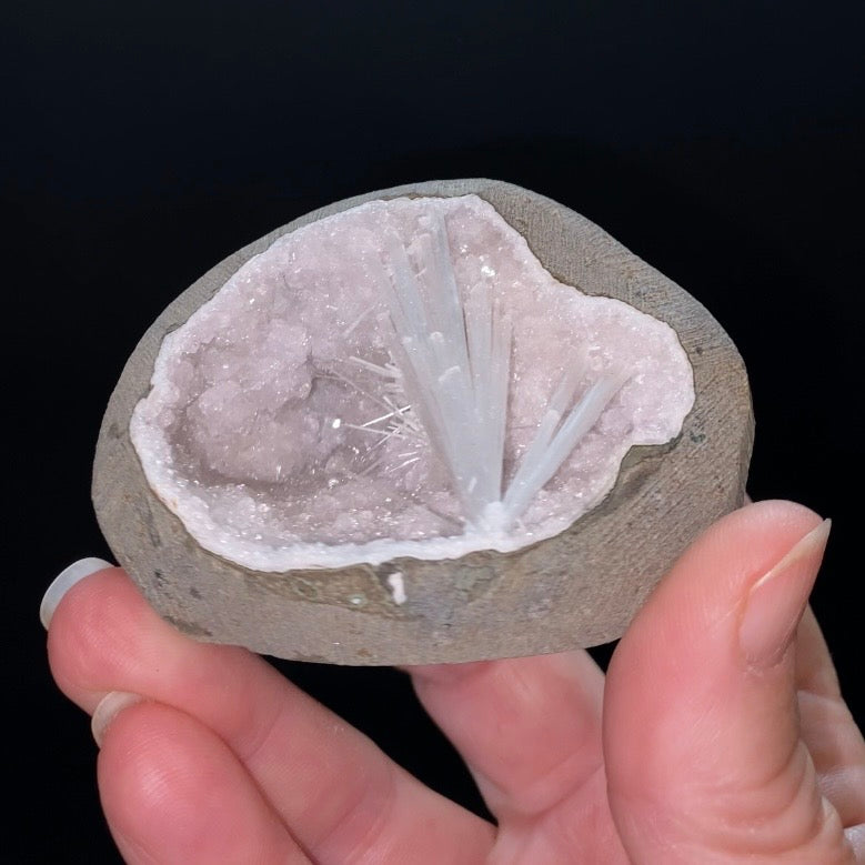 Radiating Scolecite Crystals with Quartz in Trimmed Basalt Pocket
