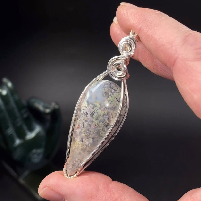 Moss Agate & Sterling Silver Wire Wrapped Pendant
