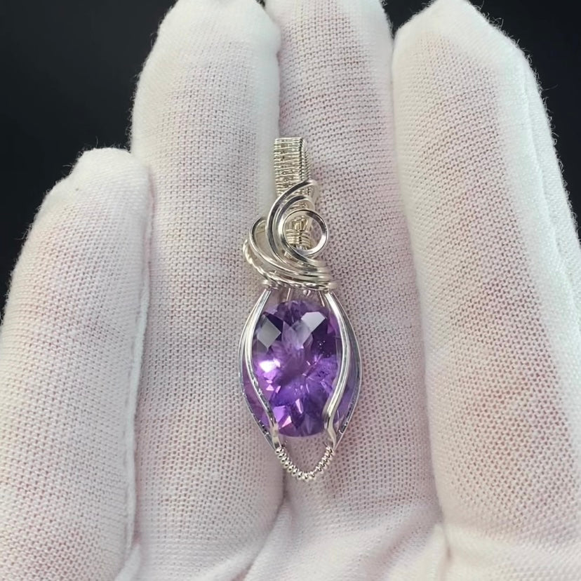 Amethyst Faceted Stone and Sterling Silver  Wire Wrapped Pendant