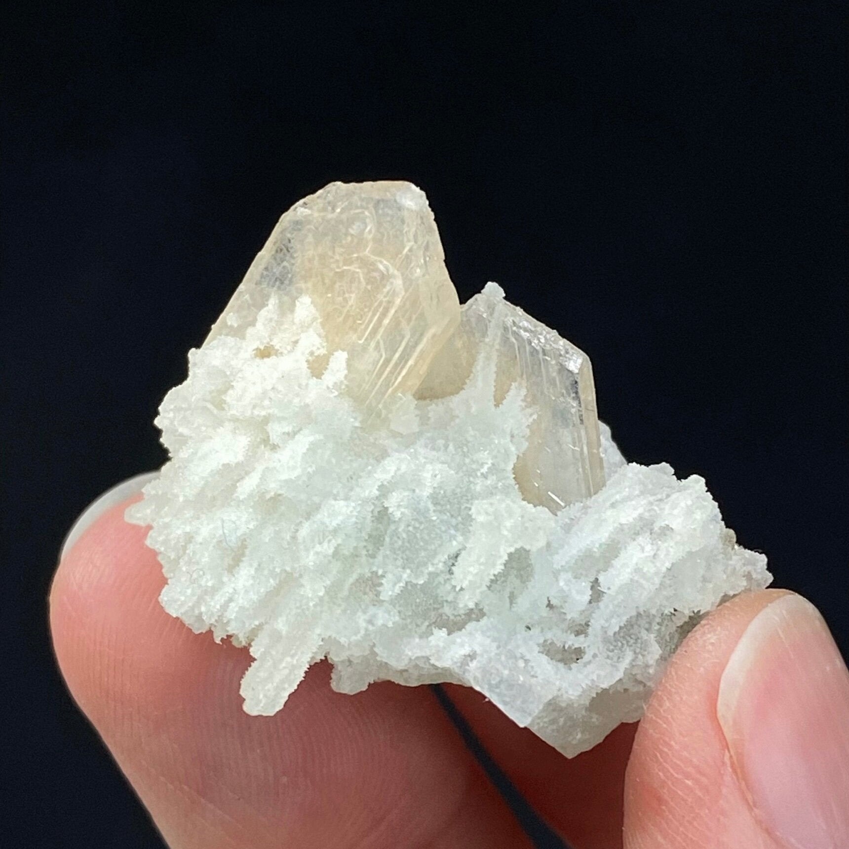 Gemmy Stilbite Crystals with Chalcedony Stalactites from Jalgaon, Maharashtra, India