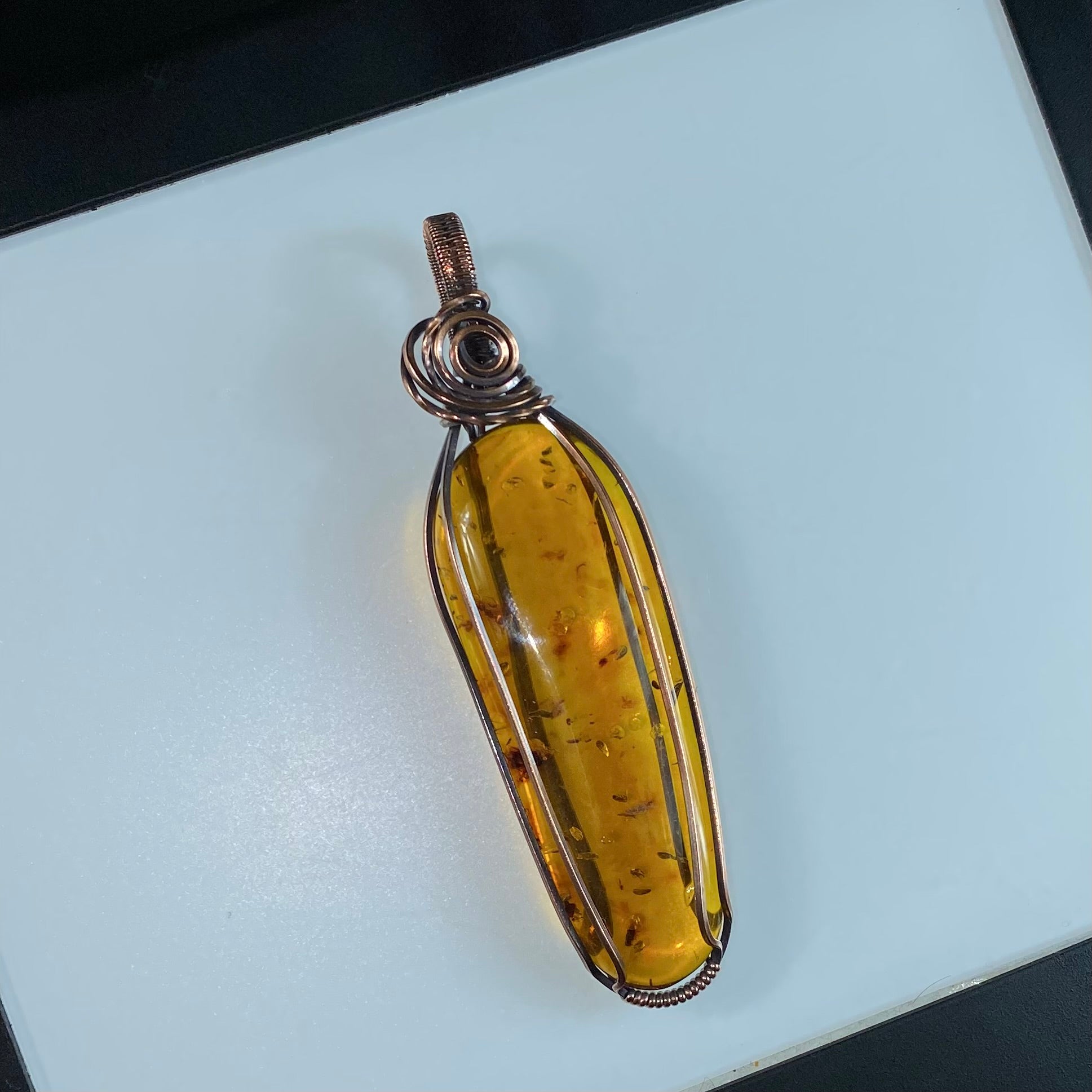 Amber and Copper Wire Wrapped Pendant