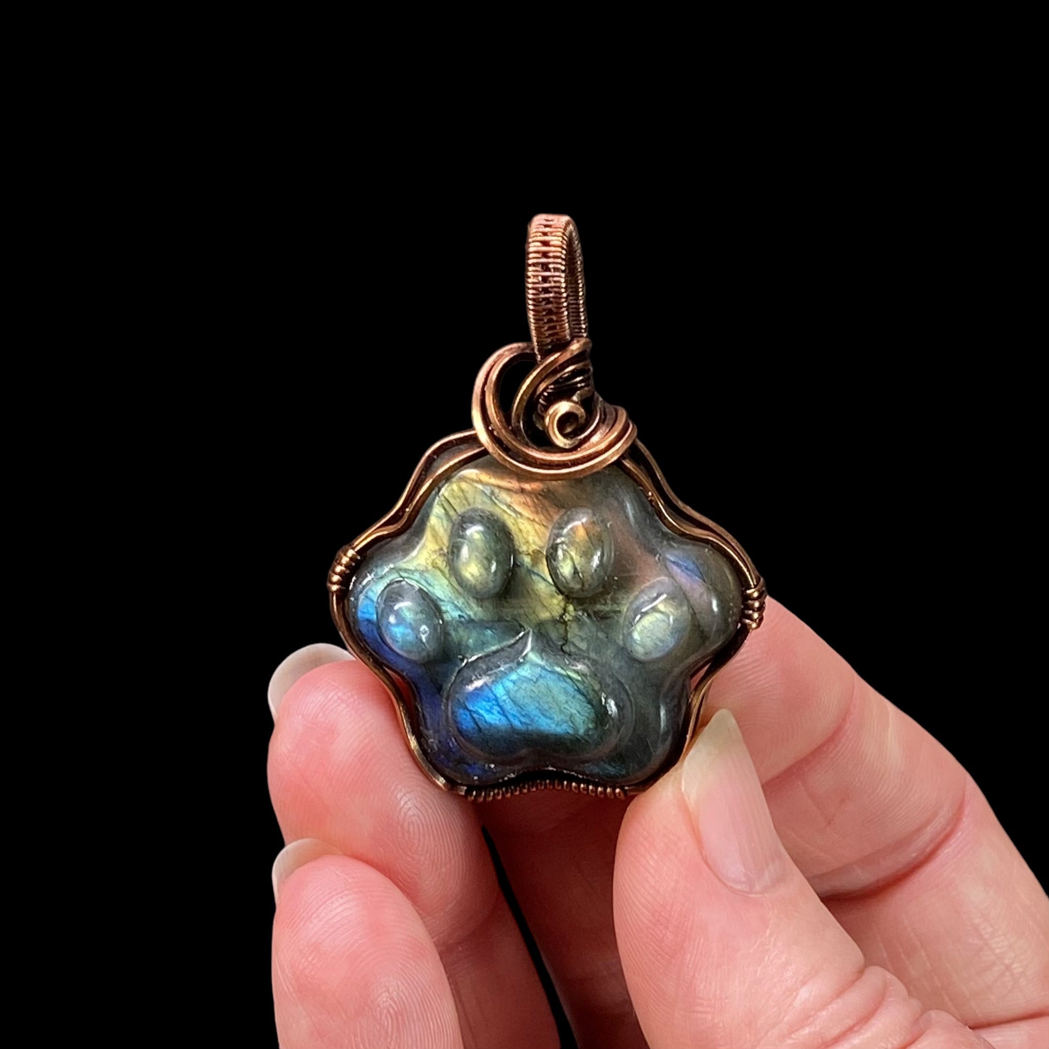 Labradorite Dog Paw Cabochon and Copper Wire Wrapped Pendant