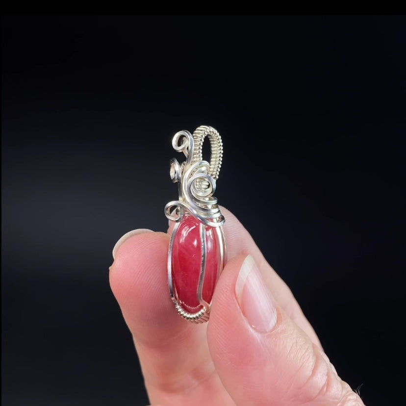 High Grade Polished Rhodonite & Sterling Silver Wire Wrapped Pendant