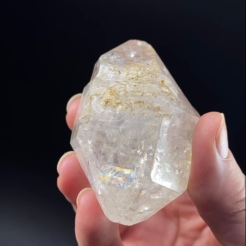 Double Terminated Quartz Crystal with Moving Water Bubble Enhydro Inclusion and Rainbows!