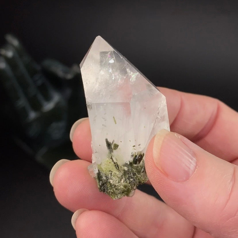 Grounding Quartz Crystal with Epidote Crystals & White Byssolite Whisps - Natural Crystals