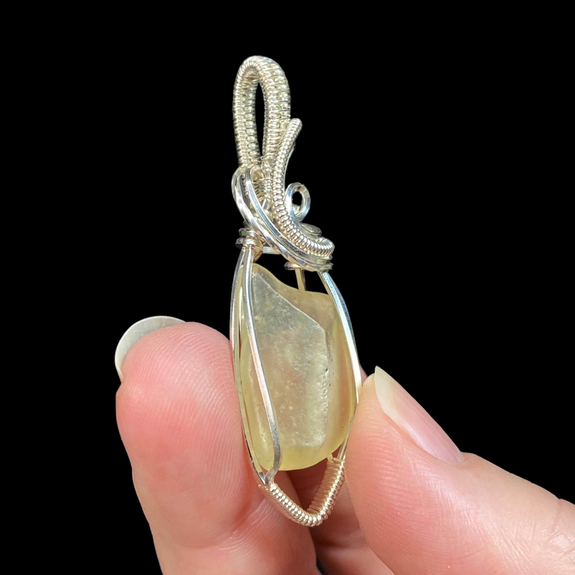 Libyan Desert Glass and Sterling Silver Wire Wrapped Pendant