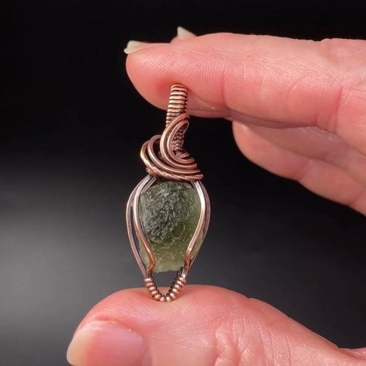 Genuine Moldavite and Copper Wire Wrapped Pendant