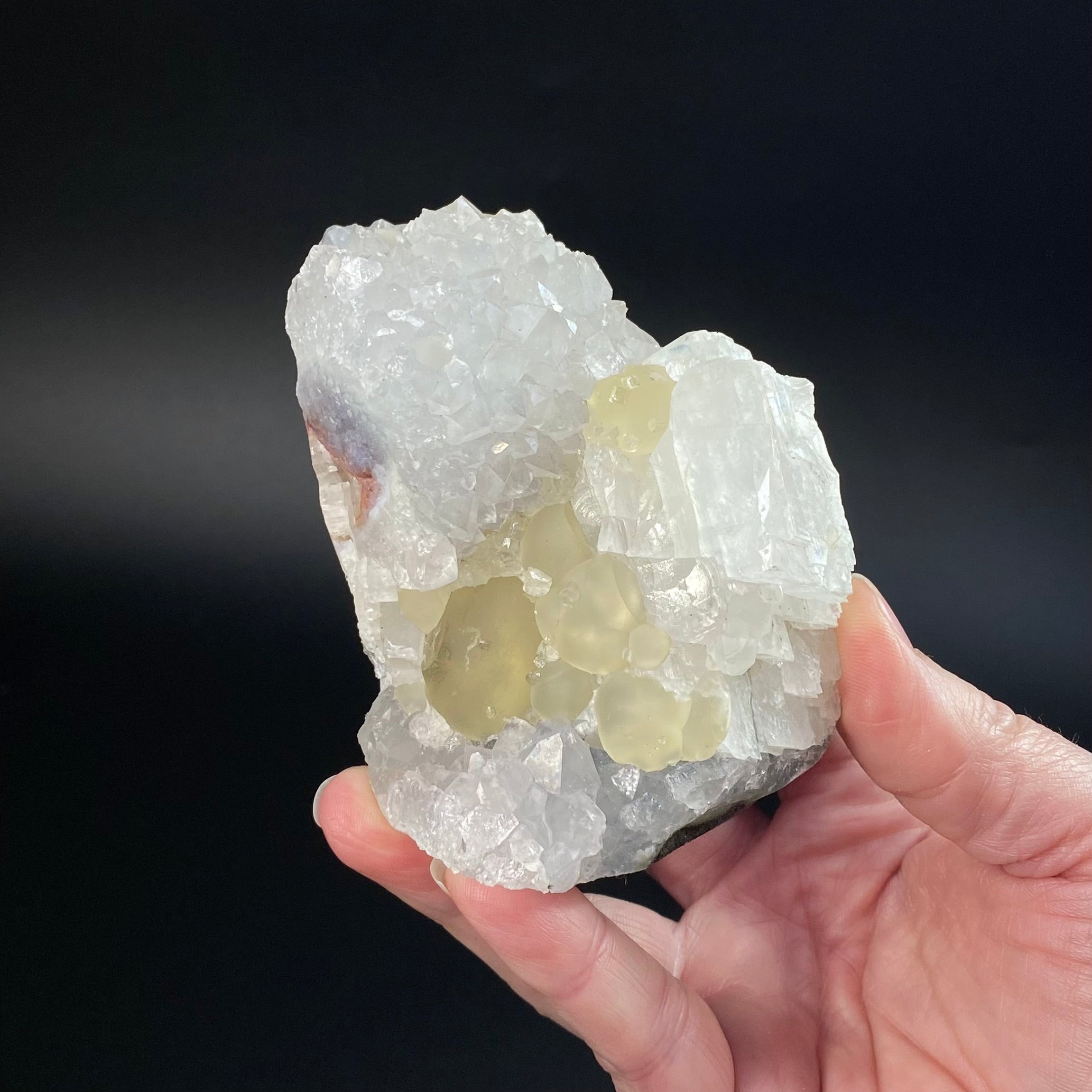 Botryoidal Yellow Fluorite & Calcite on Quartz, Mahodari, Nashik District, Maharashtra, India