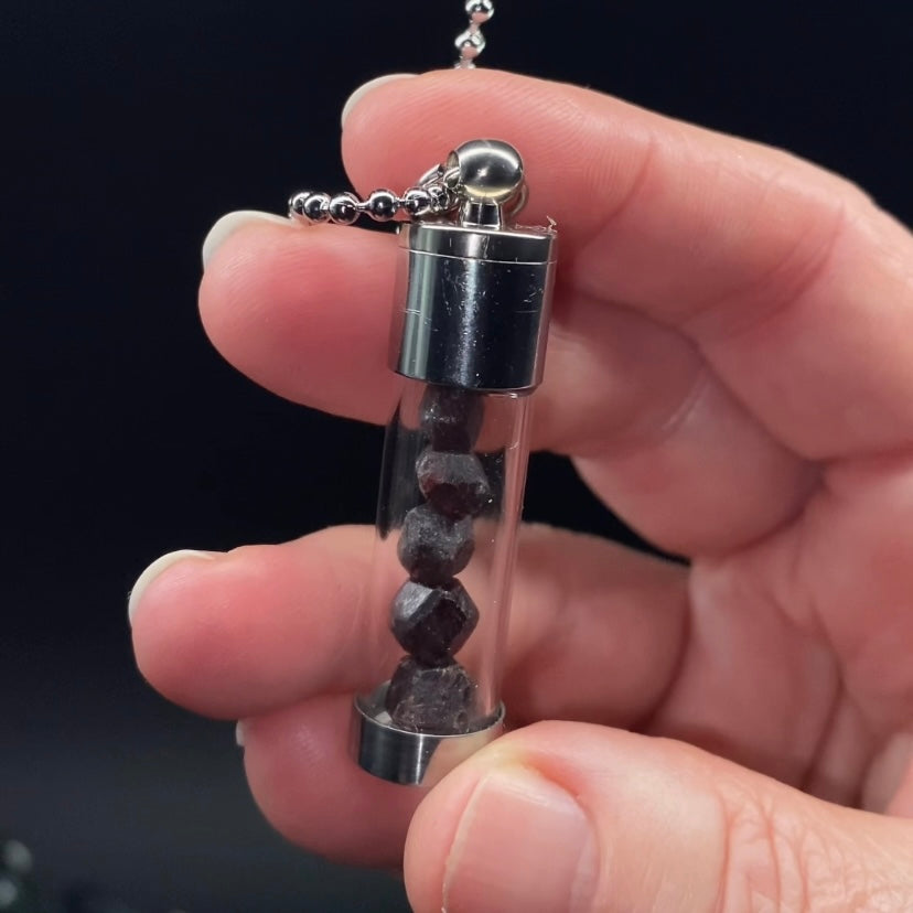 Almandine Garnet Filled Vial Pendant Necklace