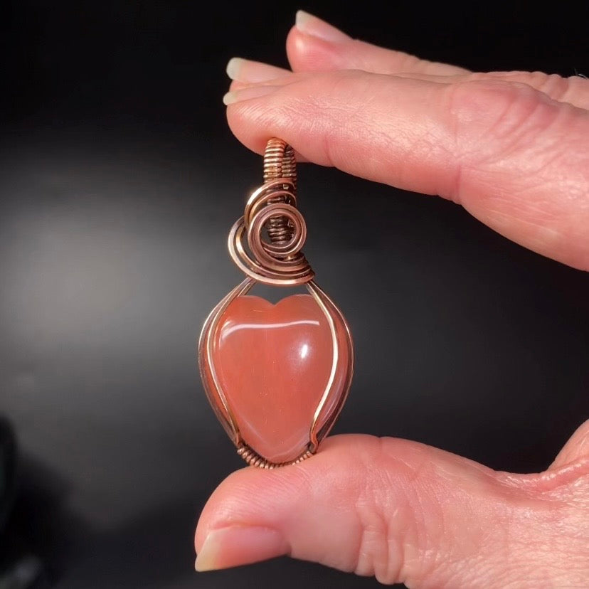 Pink Quartz Heart and Copper Wire Wrapped Pendant
