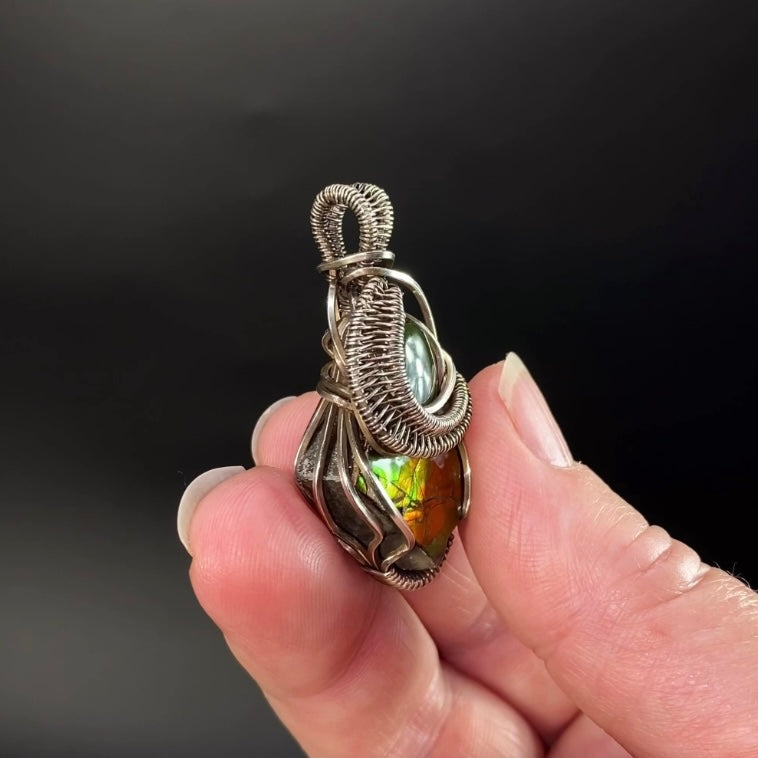 Canadian Ammolite with Nephrite Jade Accent Wire Wrapped Pendant in Sterling Silver Wire