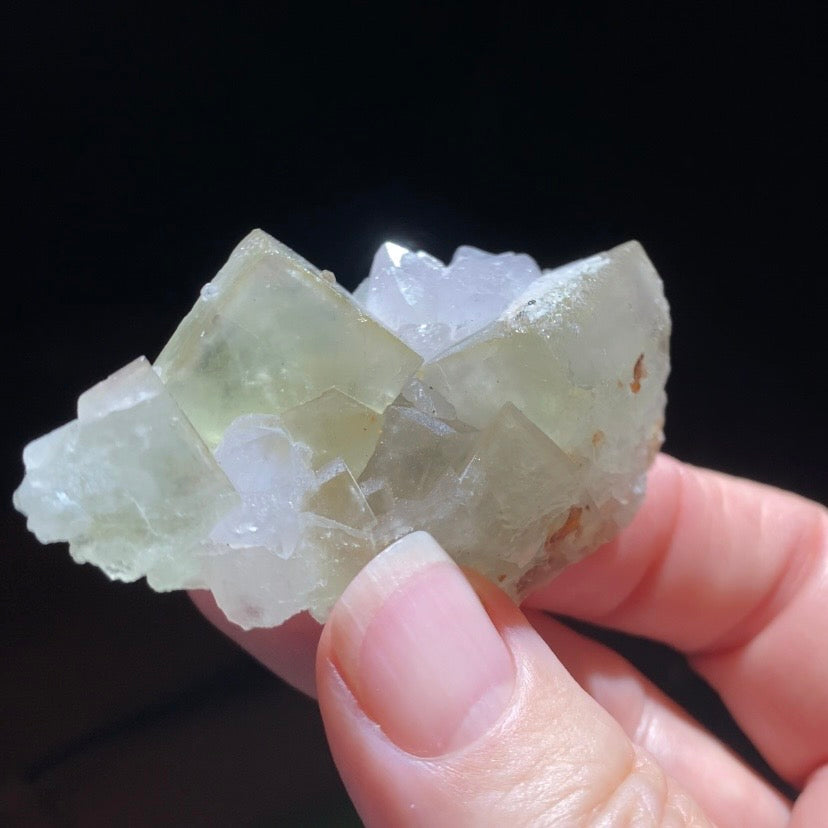 Pale Yellow Green Cubic Fluorite Cluster with Amethyst from El Hammam Mine, Morocco