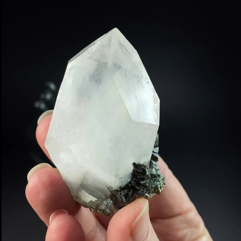 Double Terminated Byssolite Included Quartz Crystal with Dark Green Epidote