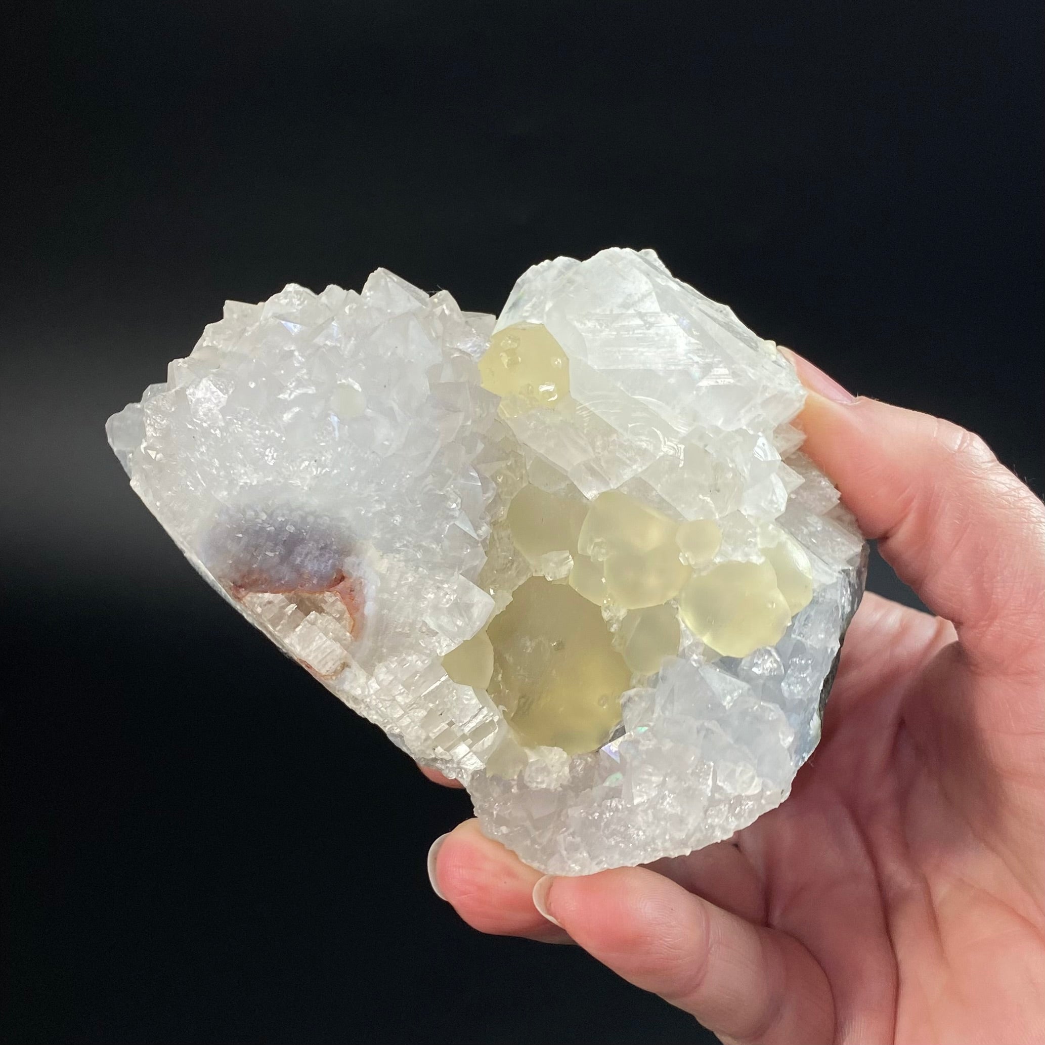 Botryoidal Yellow Fluorite & Calcite on Quartz, Mahodari, Nashik District, Maharashtra, India