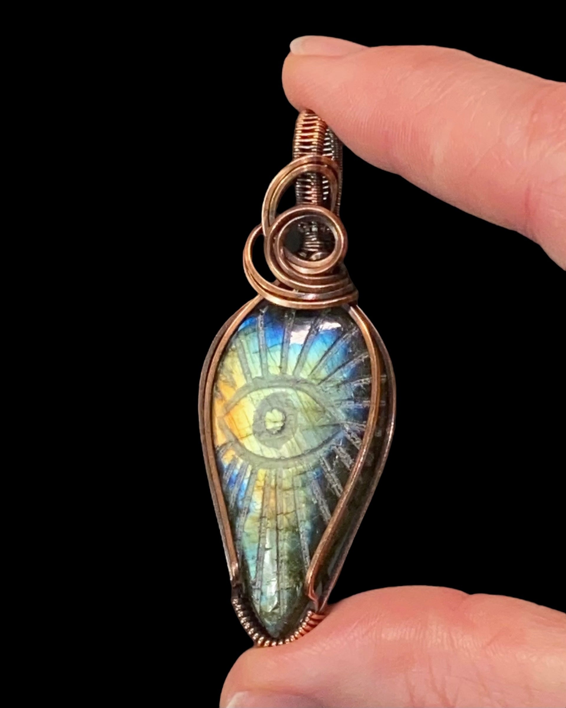 Evil Eye Carved Labradorite Cabochon and Copper Handmade Wire Wrapped Pendant