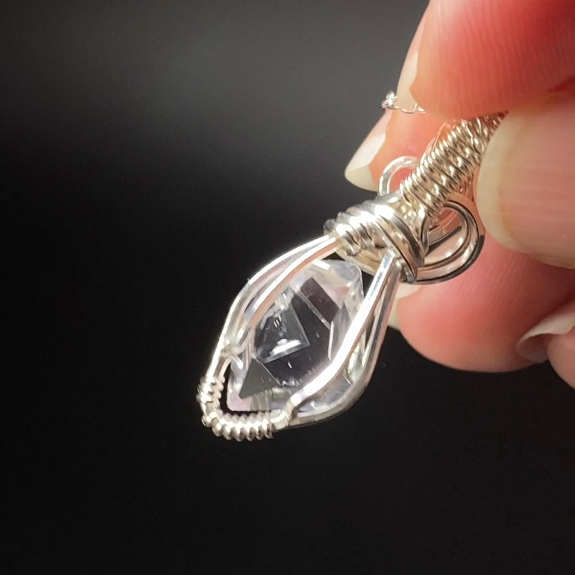 Herkimer Diamond Quartz & Sterling Silver Wire Wrapped Pendant with Rhodium Plated Sterling Silver Chain