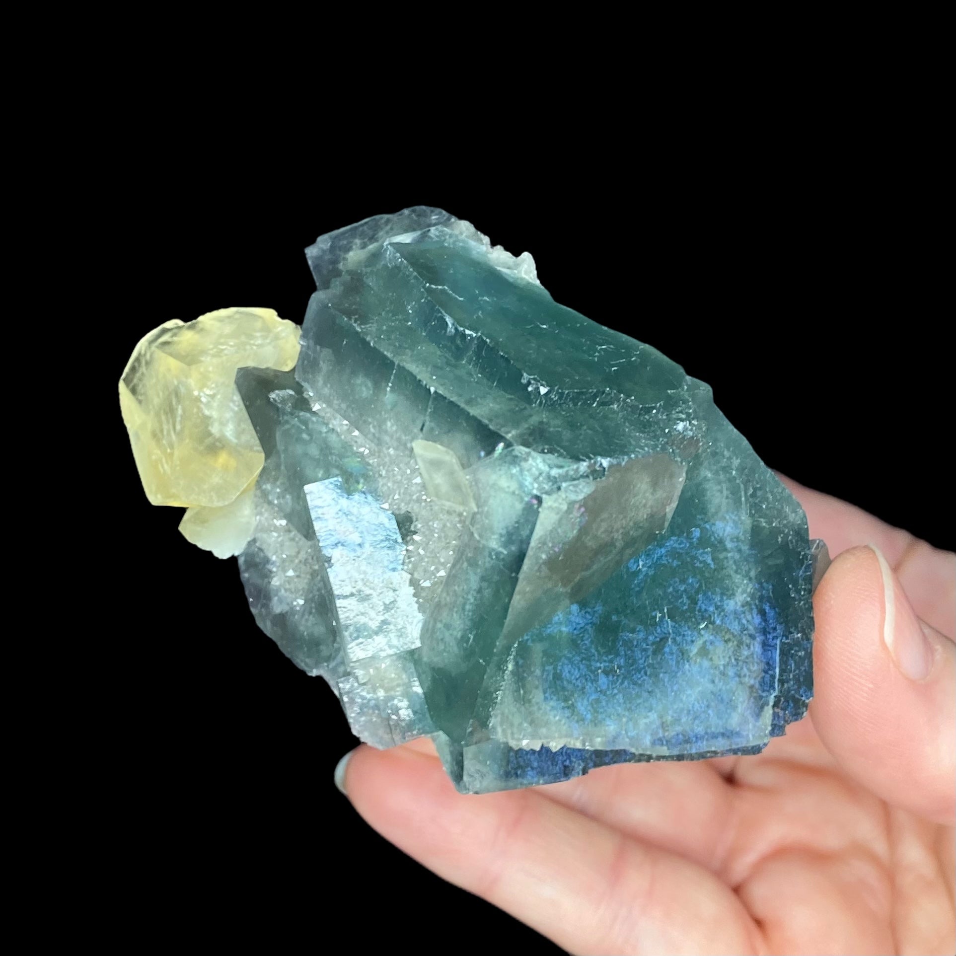 Teal Green Cubic Fluorite Cluster with Calcite & Druze Quartz