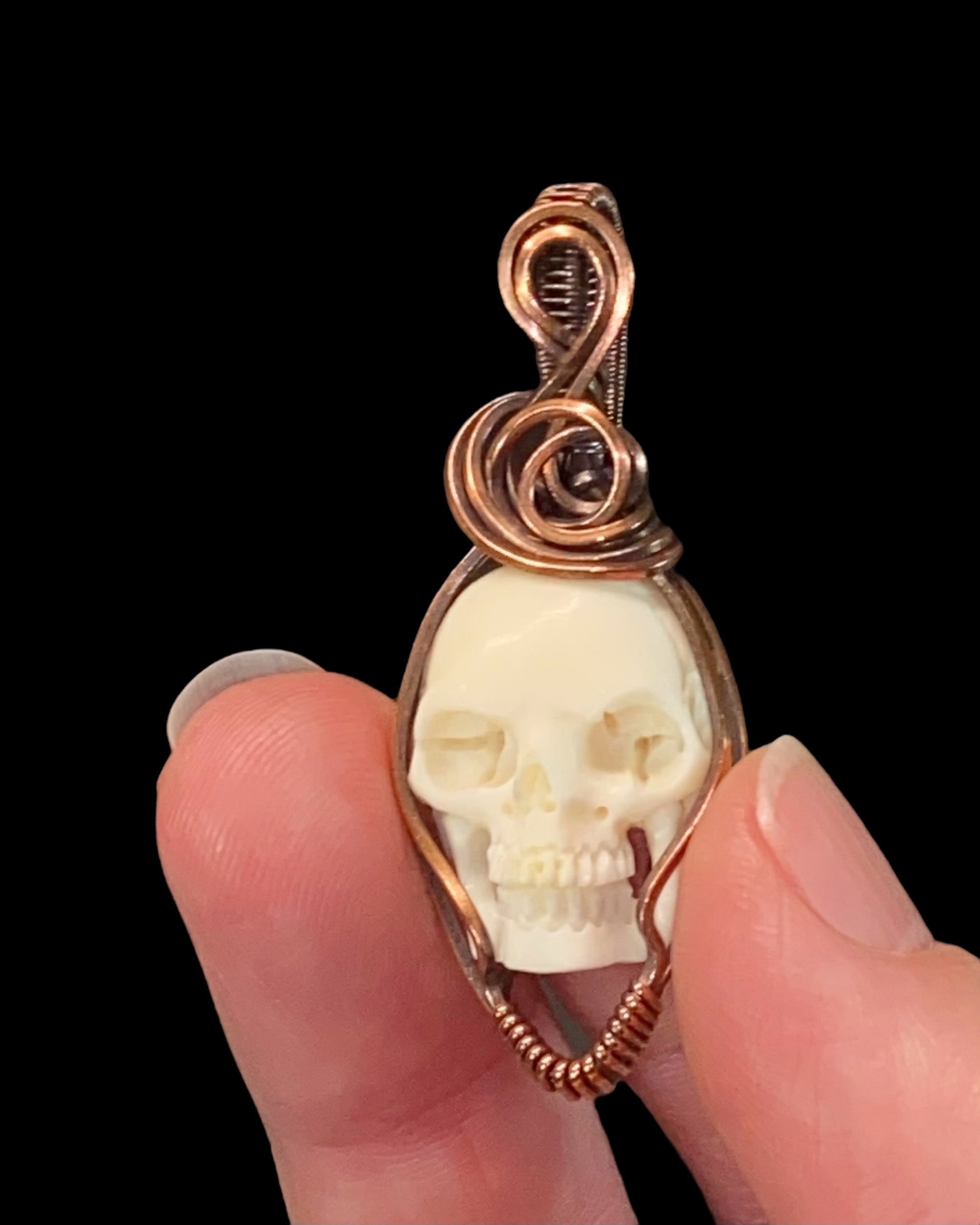 Carved Bone Skull and Copper Handmade Wire Wrapped Pendant