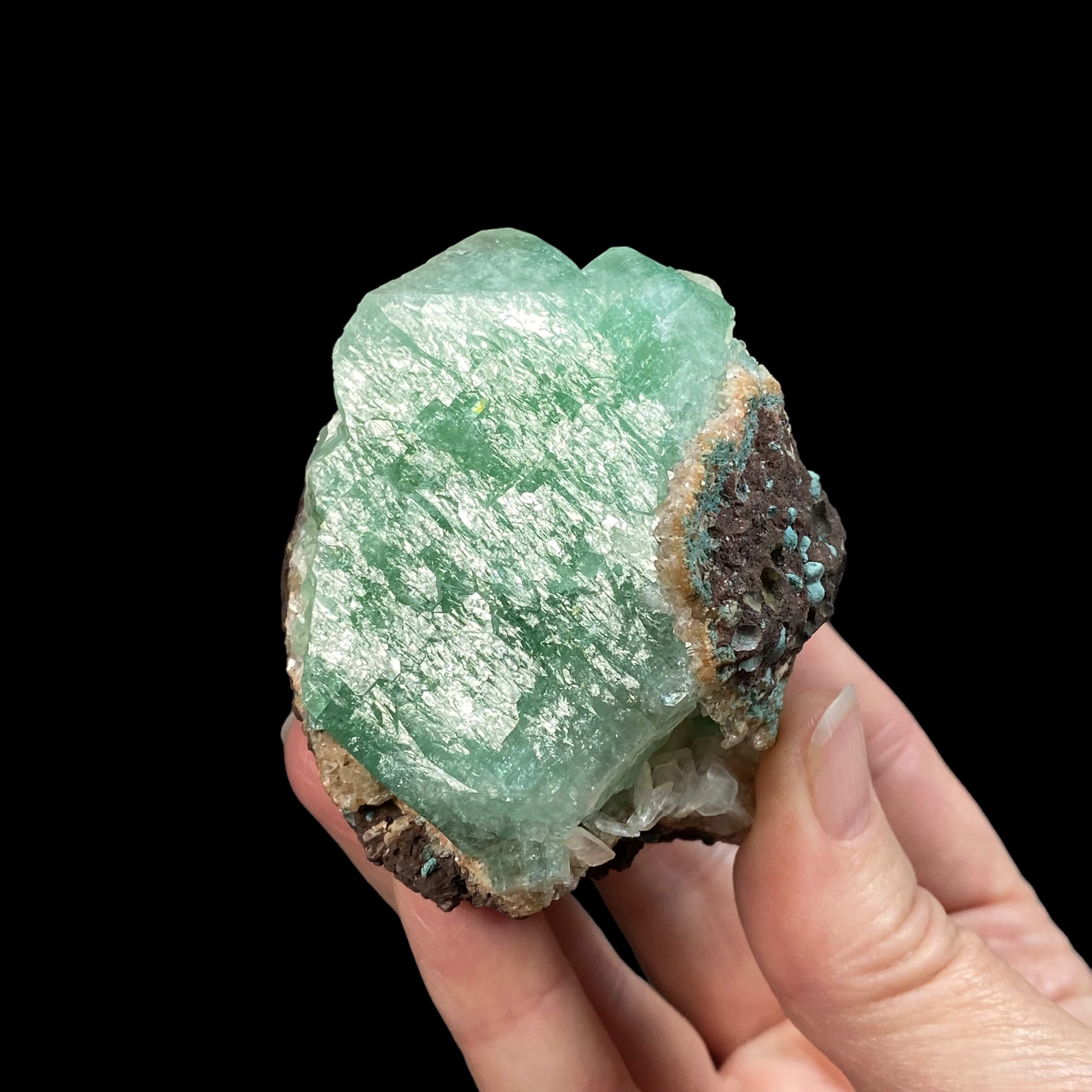 Green Apophyllite Crystal Cluster with Stilbite on Trimmed Basalt Matrix