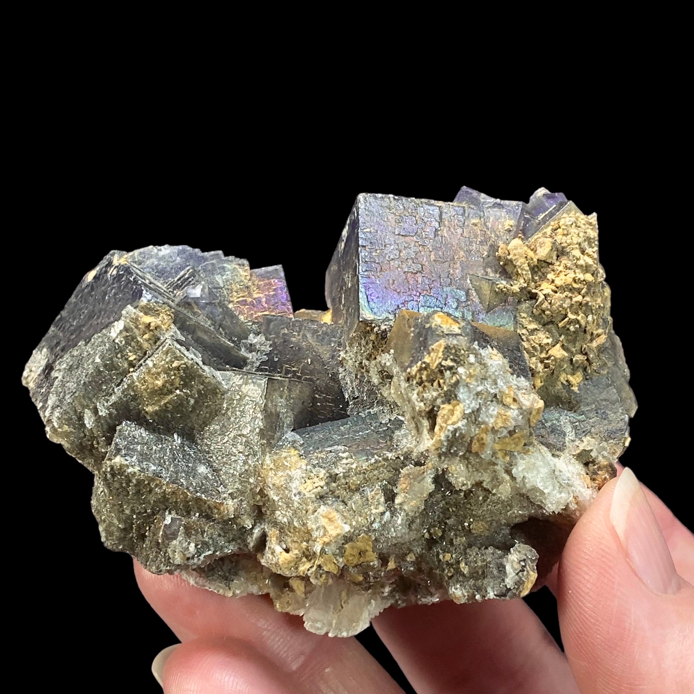 Rainbow Iridescent Purple Cubic Fluorite Cluster