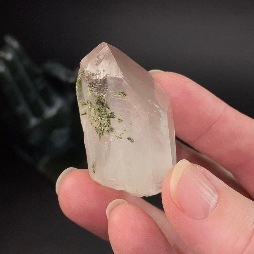 Quartz Crystal with Pink Hematite, White Whisps and Epidote - Natural Raw Crystals