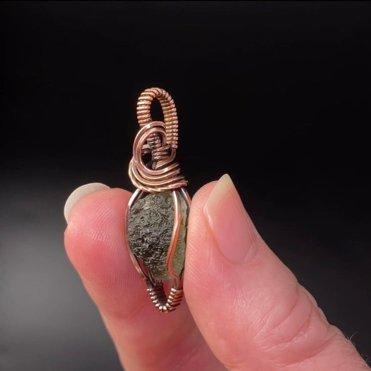 Genuine Moldavite and Copper Wire Wrapped Pendant