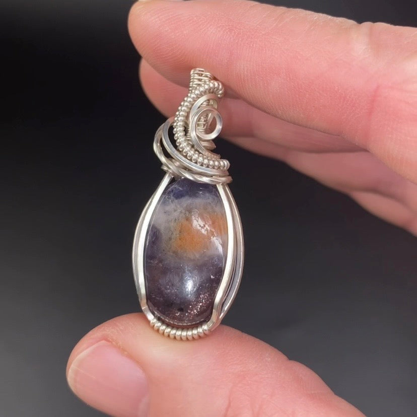 Sunstone in Iolite Tarnish Resistant Argentium Silver Wire Wrapped Pendant - Bloodshot Iolite