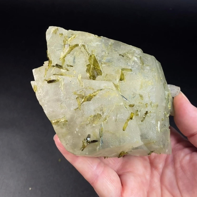 Double Terminated Scalenohedral Dog Tooth Calcite Crystal with Epidote