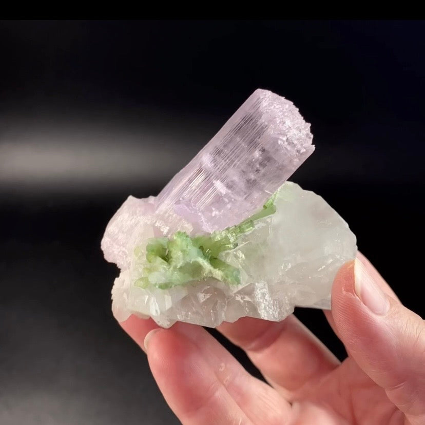 Pink Spodumene Kunzite Crystal with Green Tourmaline Crystals and Self Healed Quartz, Laghman, Afghanistan