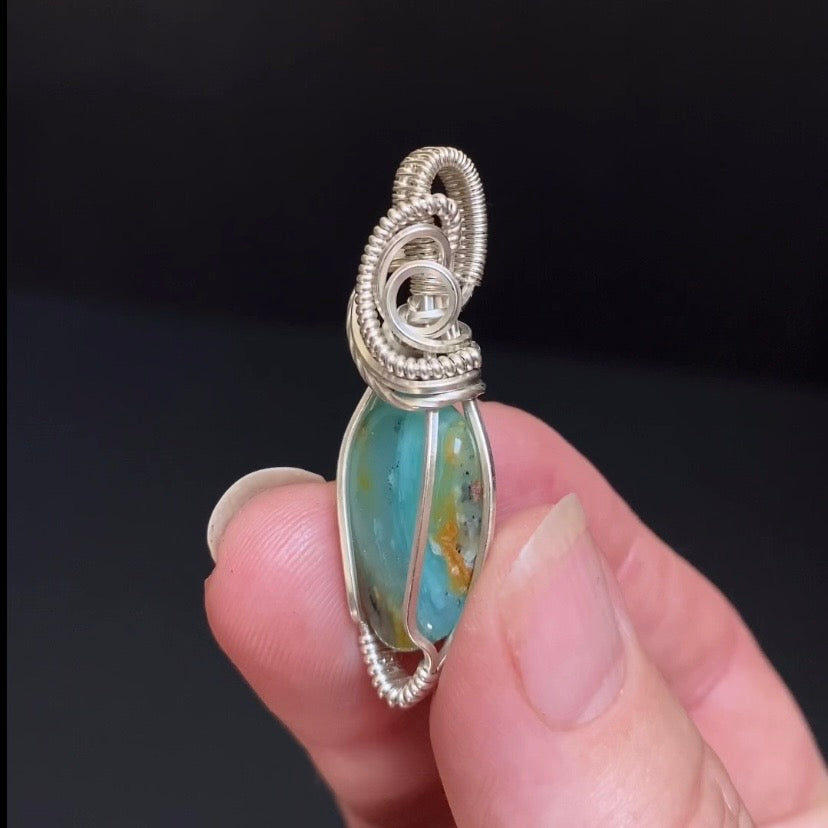 Peruvian Blue Andean Opal & Sterling Silver Wire Wrapped Pendant