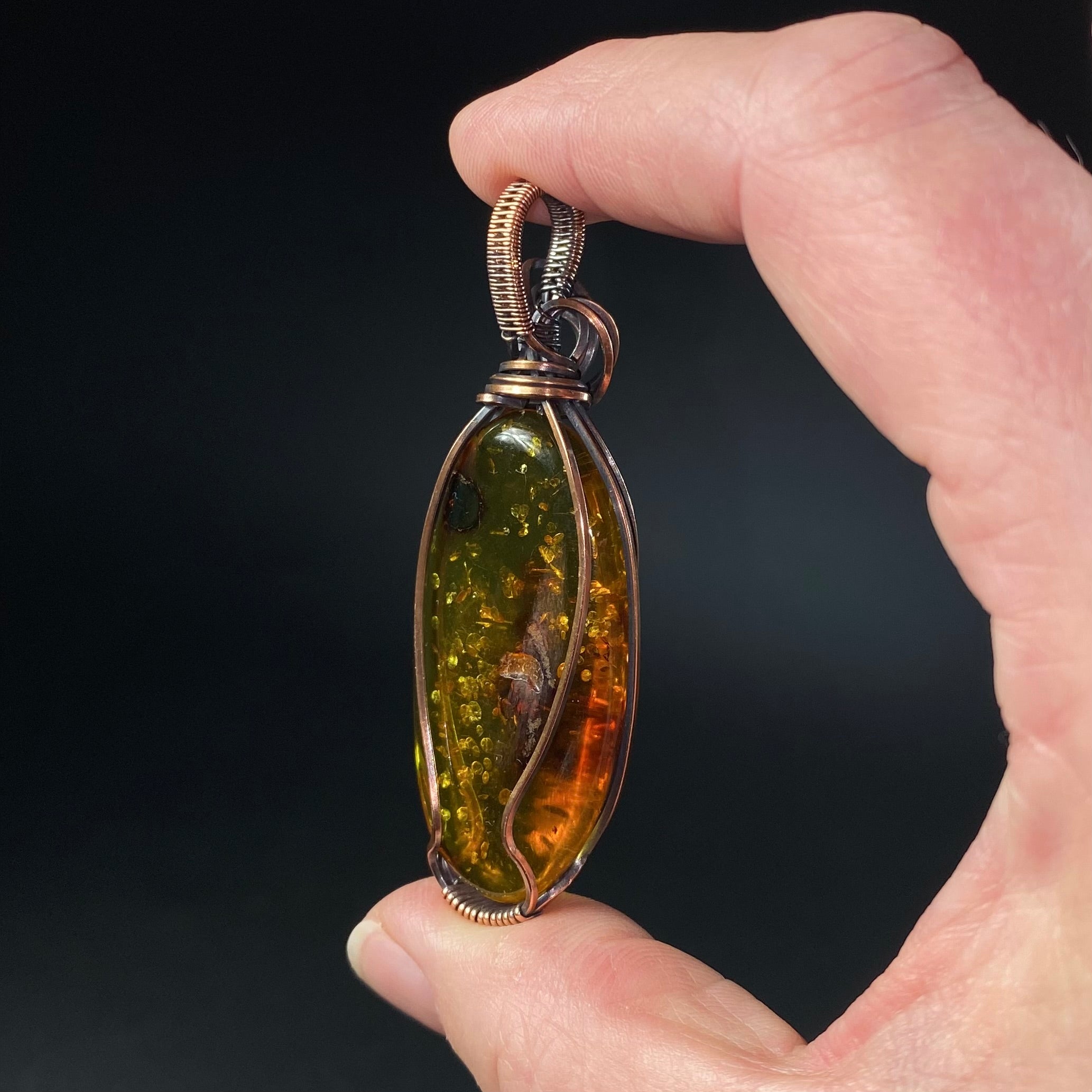 Amber and Copper Wire Wrapped Pendant