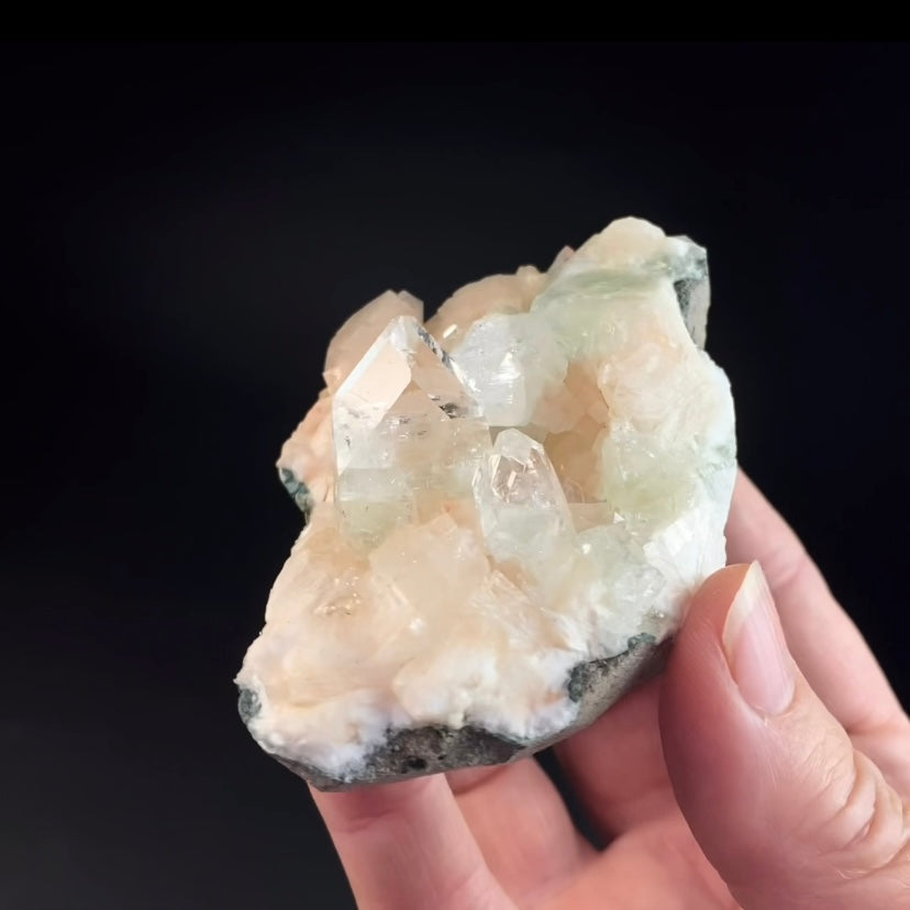 Clear and Green Apophyllite Crystals with Stilbite from Jalgaon, Maharashtra, India