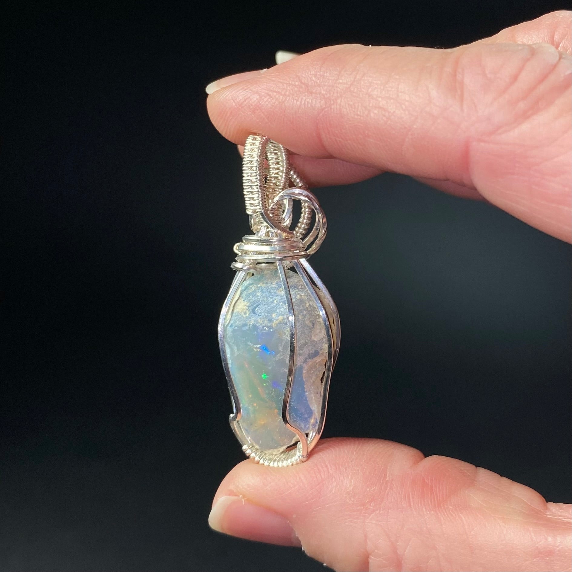 Ethiopian Welo Opal & Sterling Silver Wire Wrapped Pendant