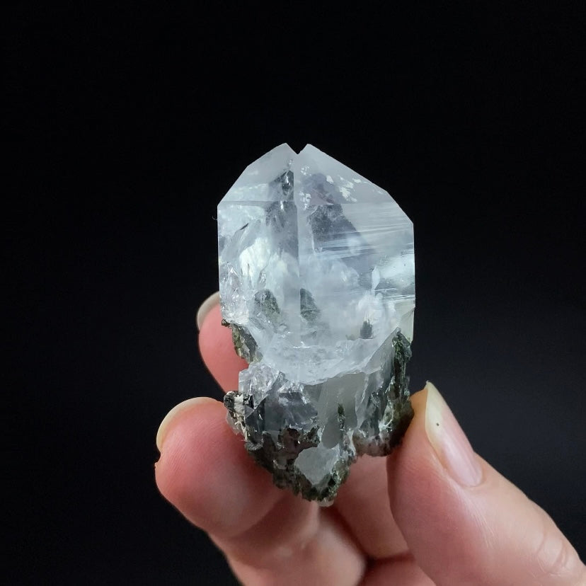 Quartz Crystal with Dark Green Epidote Crystals and Twin Terminations