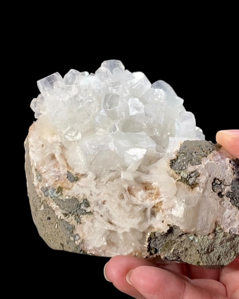 Clear Apophyllite Crystals with Peach Stilbite & Okenite on Basalt Matrix