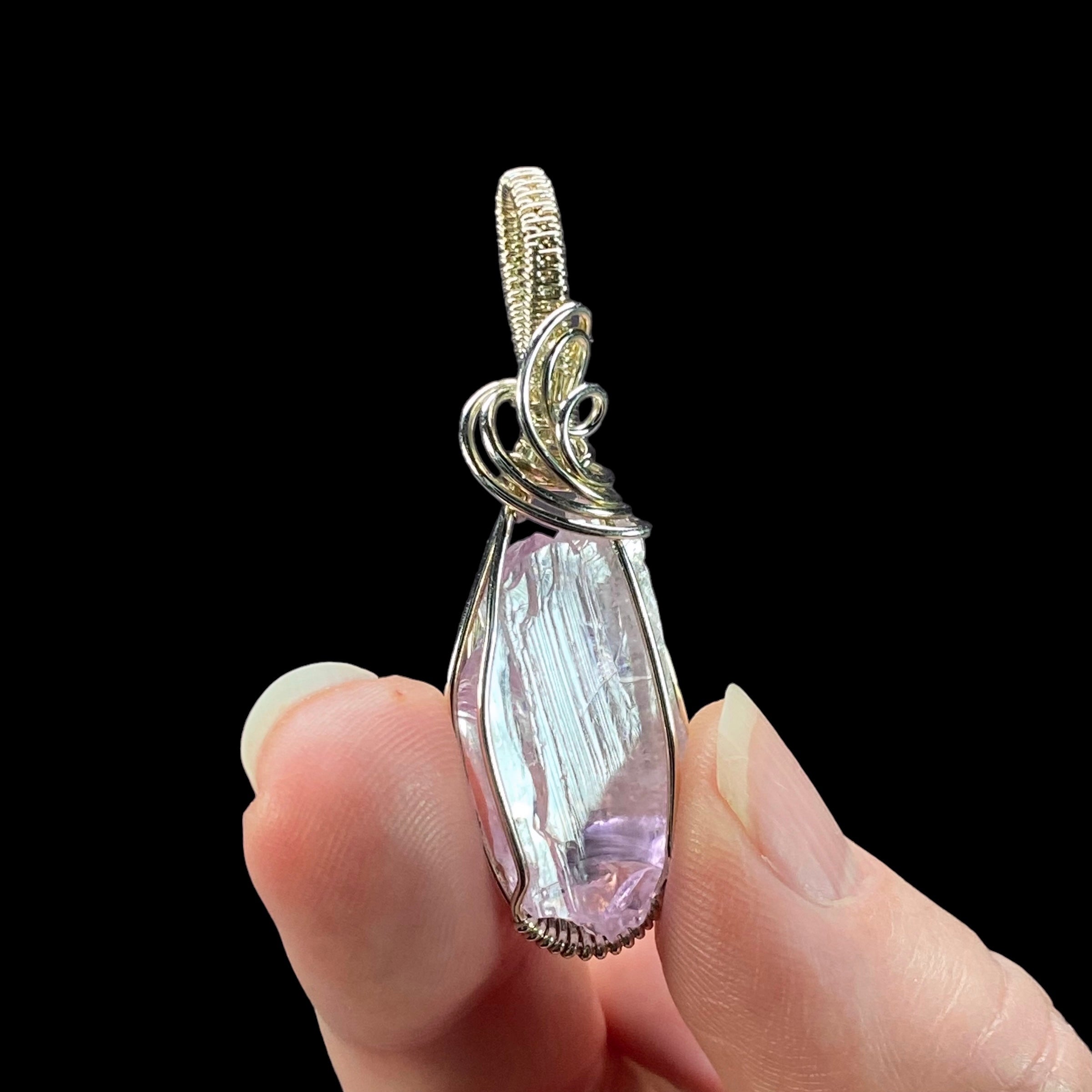 Fluorescent Spodumene Kunzite & Sterling Silver Wire Wrapped Pendant