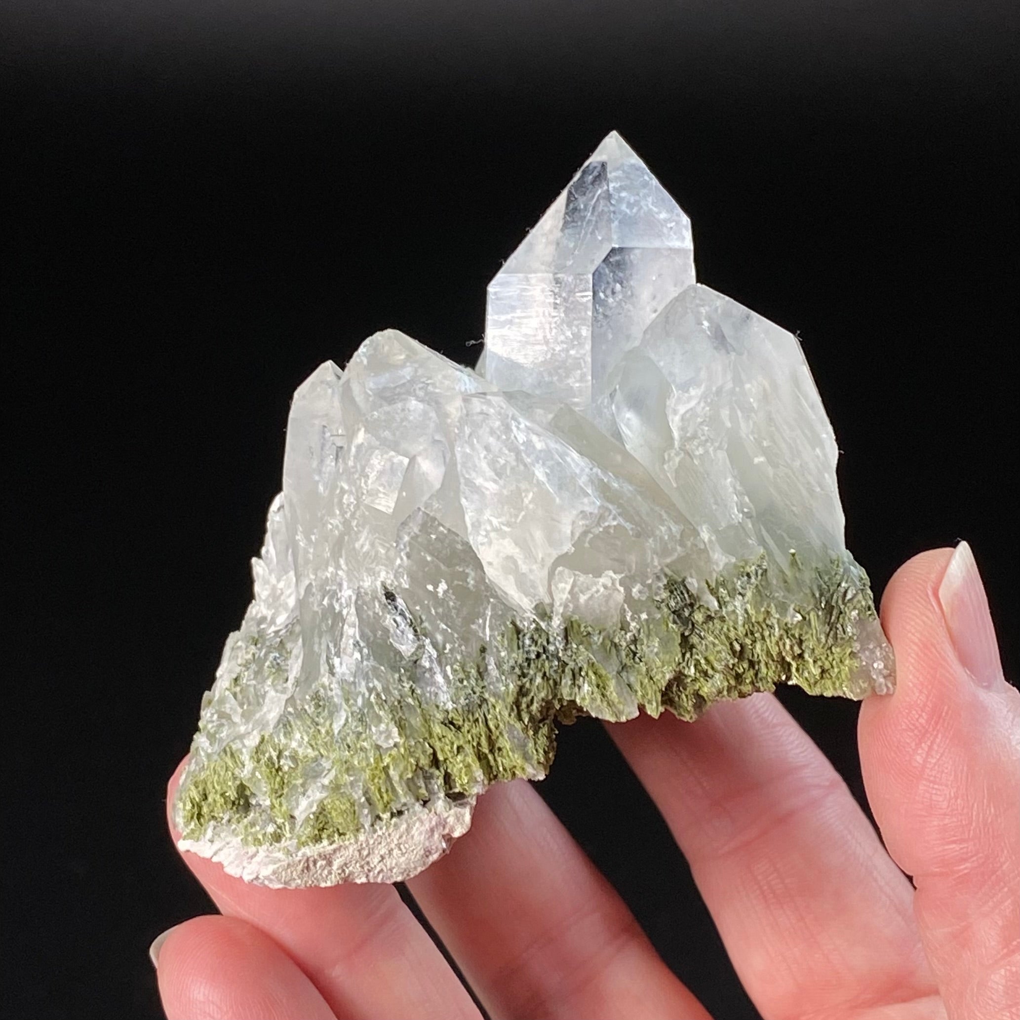 Quartz Crystal Cluster with Dark Green Epidote Crystals & Byssolite