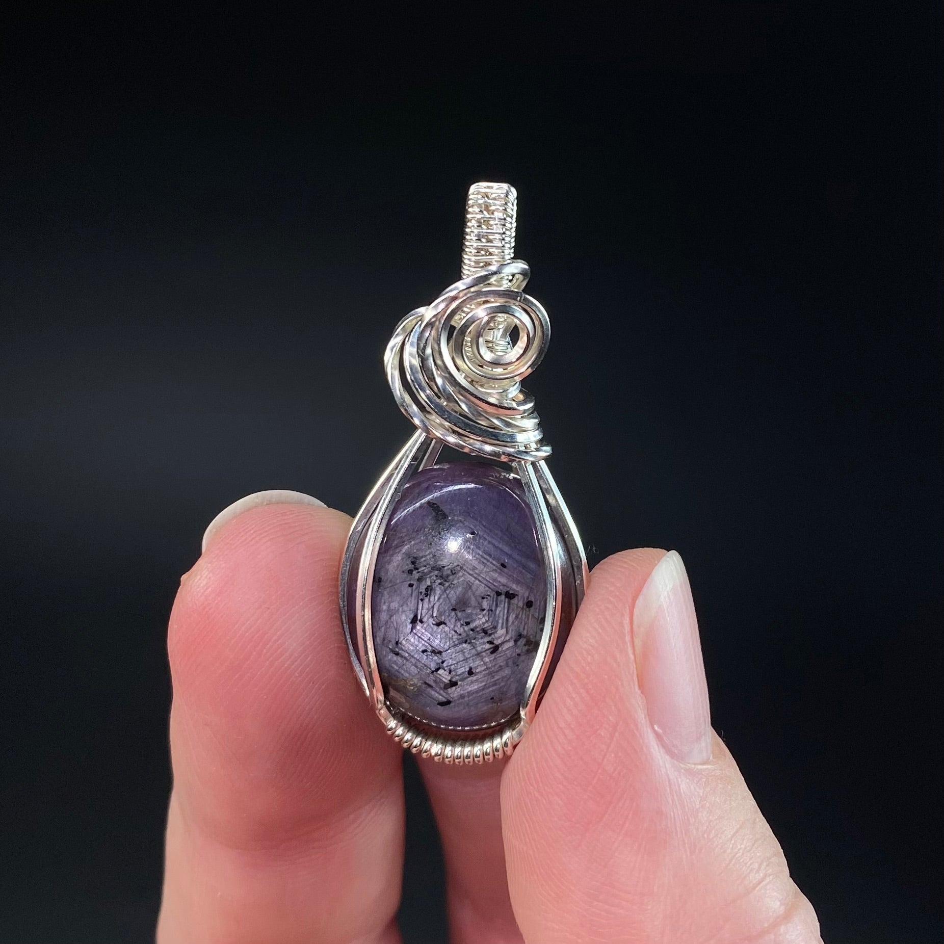 Tumbled Purple Sapphire Crystal & Sterling Silver Wire Wrapped Pendant